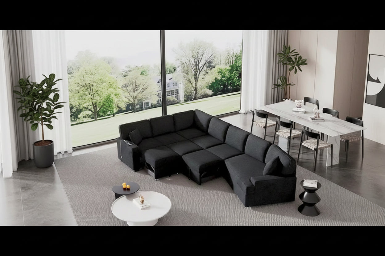 Canapé d'angle en forme de L 126" Canapé convertible avec chargeurs et porte-gobelets pour salon, Beige