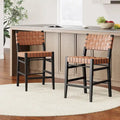 Tabourets de bar en cuir PU, chaises hautes avec dossier tressé et cadre en bois d'hévéa, noir marron (lot de 2)