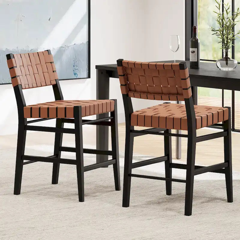 Tabourets de bar en cuir PU, chaises hautes avec dossier tressé et cadre en bois d'hévéa, noir marron (lot de 2)
