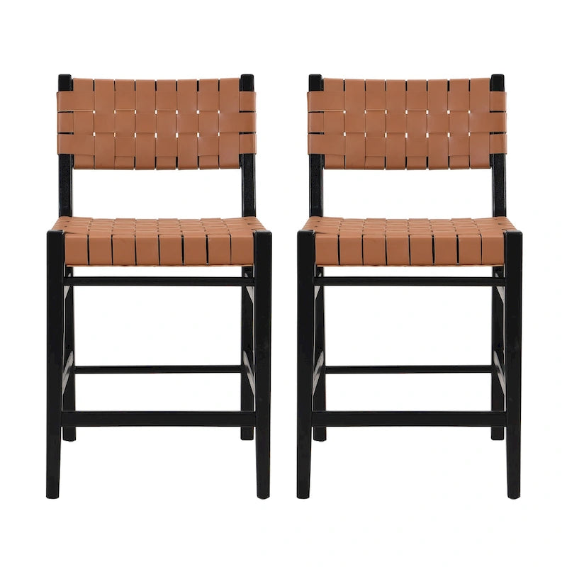 Tabourets de bar en cuir PU, chaises hautes avec dossier tressé et cadre en bois d'hévéa, noir marron (lot de 2)