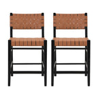 Tabourets de bar en cuir PU, chaises hautes avec dossier tressé et cadre en bois d'hévéa, noir marron (lot de 2)