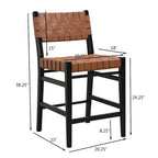 Tabourets de bar en cuir PU, chaises hautes avec dossier tressé et cadre en bois d'hévéa, noir marron (lot de 2)