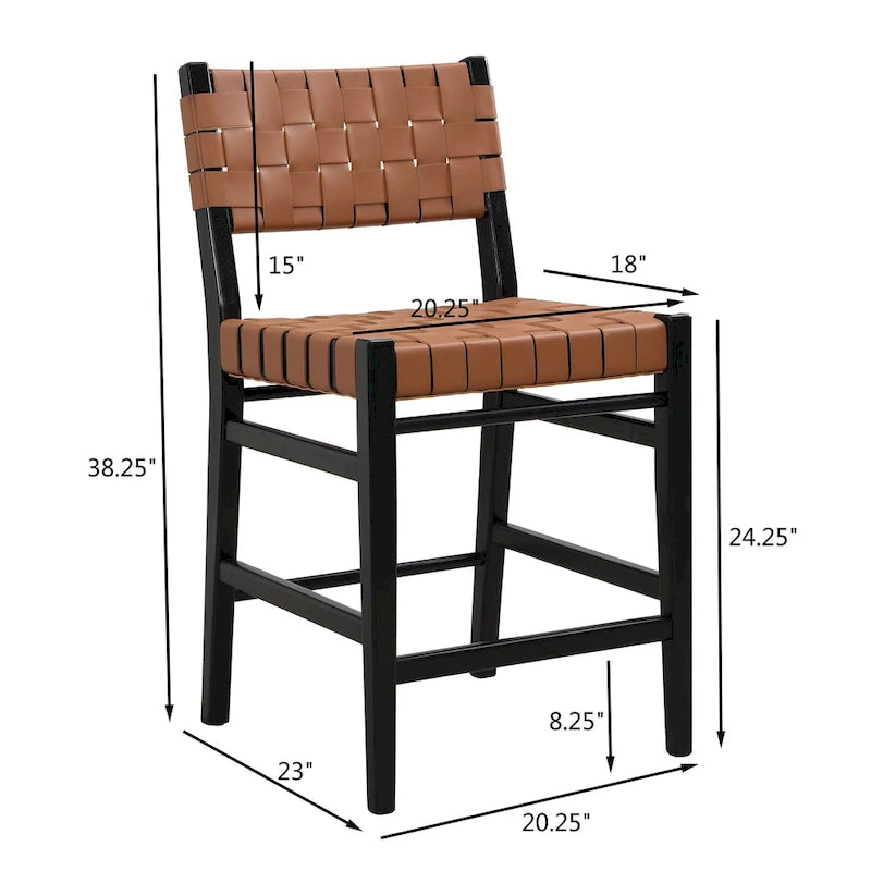 Tabourets de bar en cuir PU, chaises hautes avec dossier tressé et cadre en bois d'hévéa, noir marron (lot de 2)