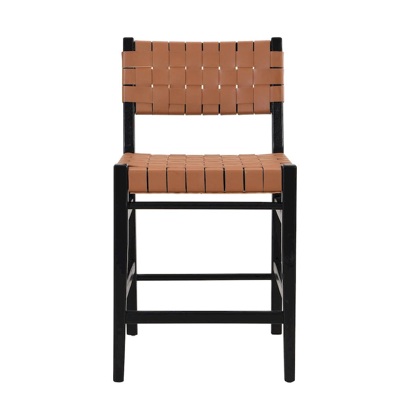 Tabourets de bar en cuir PU, chaises hautes avec dossier tressé et cadre en bois d'hévéa, noir marron (lot de 2)