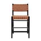 Tabourets de bar en cuir PU, chaises hautes avec dossier tressé et cadre en bois d'hévéa, noir marron (lot de 2)