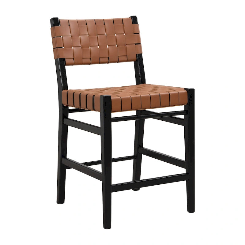 Tabourets de bar en cuir PU, chaises hautes avec dossier tressé et cadre en bois d'hévéa, noir marron (lot de 2)