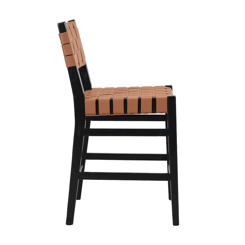 Tabourets de bar en cuir PU, chaises hautes avec dossier tressé et cadre en bois d'hévéa, noir marron (lot de 2)