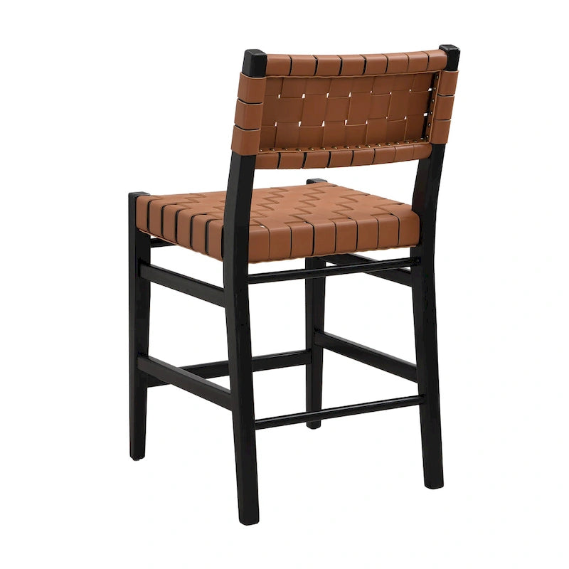 Tabourets de bar en cuir PU, chaises hautes avec dossier tressé et cadre en bois d'hévéa, noir marron (lot de 2)