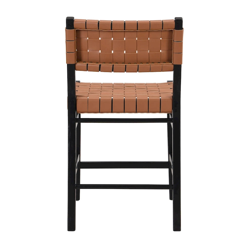 Tabourets de bar en cuir PU, chaises hautes avec dossier tressé et cadre en bois d'hévéa, noir marron (lot de 2)
