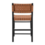 Tabourets de bar en cuir PU, chaises hautes avec dossier tressé et cadre en bois d'hévéa, noir marron (lot de 2)