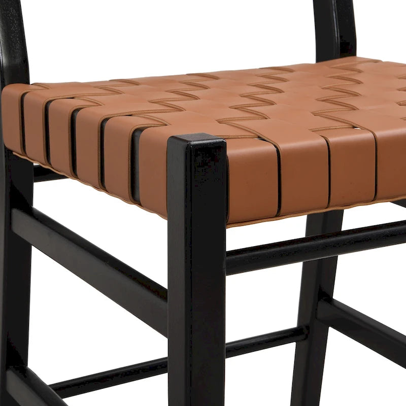 Tabourets de bar en cuir PU, chaises hautes avec dossier tressé et cadre en bois d'hévéa, noir marron (lot de 2)
