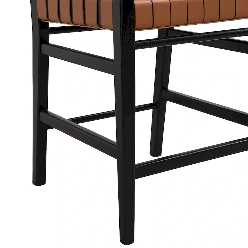 Tabourets de bar en cuir PU, chaises hautes avec dossier tressé et cadre en bois d'hévéa, noir marron (lot de 2)