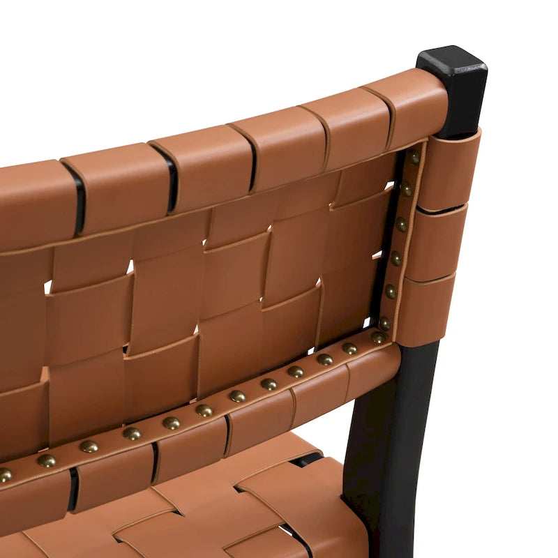 Tabourets de bar en cuir PU, chaises hautes avec dossier tressé et cadre en bois d'hévéa, noir marron (lot de 2)