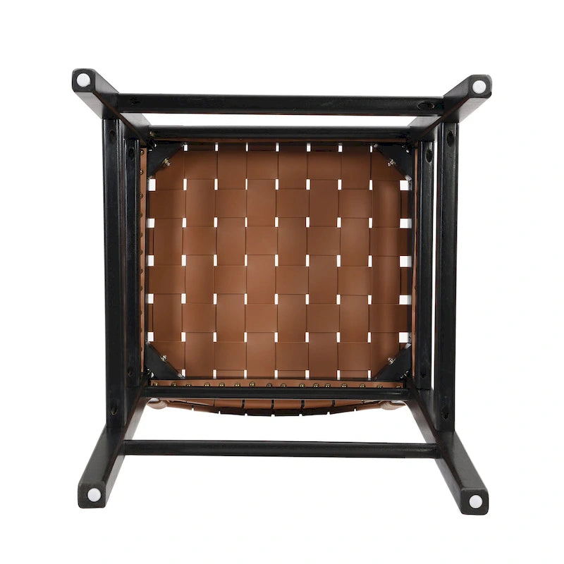 Tabourets de bar en cuir PU, chaises hautes avec dossier tressé et cadre en bois d'hévéa, noir marron (lot de 2)