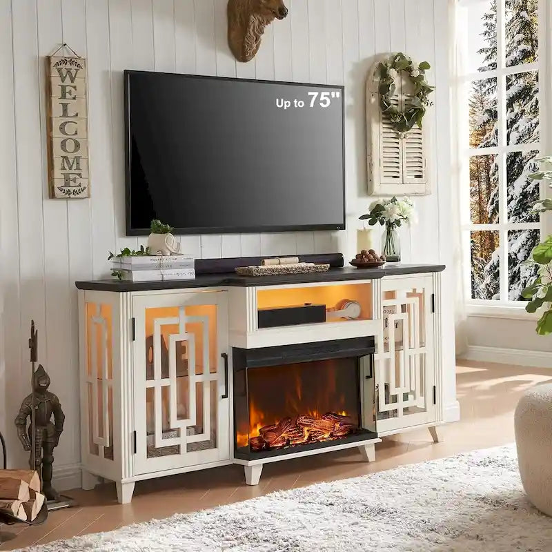 Meuble TV pour téléviseur 75 pouces, cheminée à foyer vitré 3 faces style ferme, console média