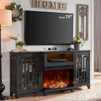 Meuble TV pour téléviseur 75 pouces, cheminée à foyer vitré 3 faces style ferme, console média