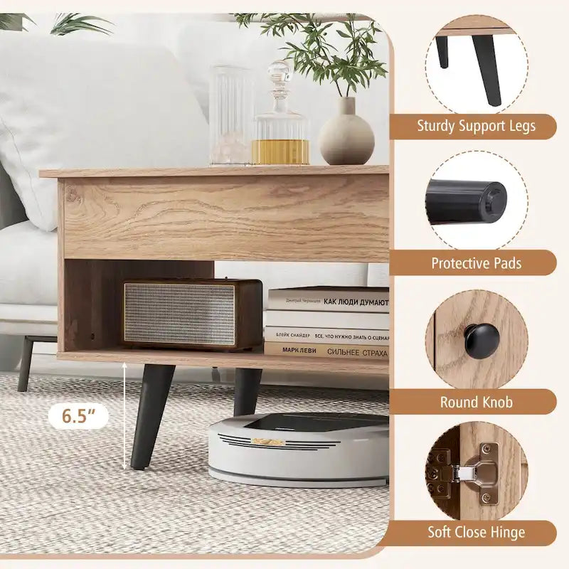 Table basse relevable avec rangement et compartiment caché