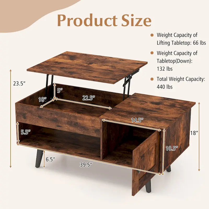 Table basse relevable avec rangement et compartiment caché