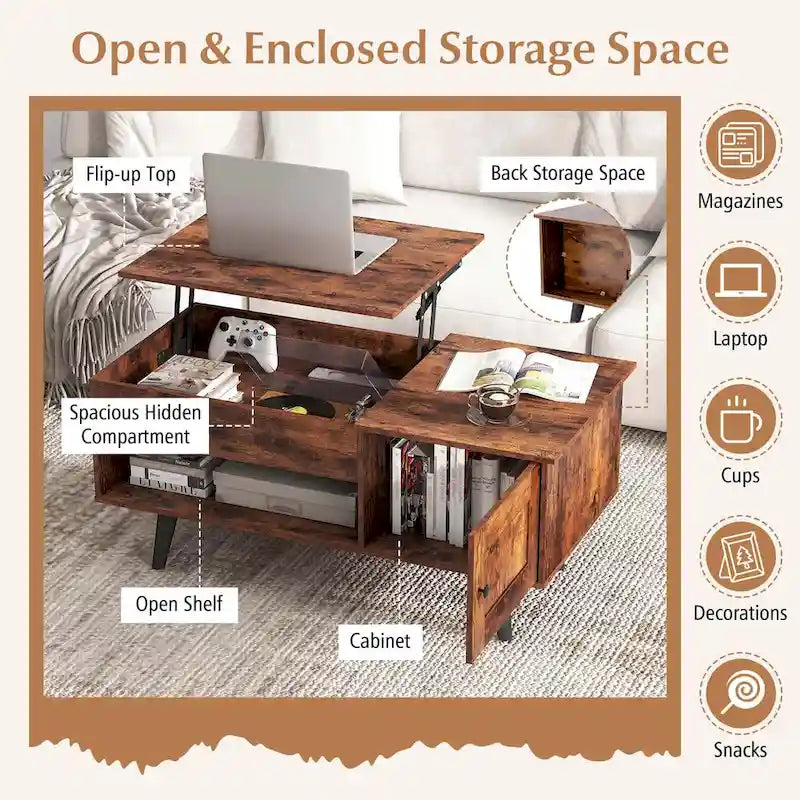 Table basse relevable avec rangement et compartiment caché