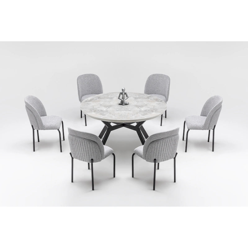 Table à manger ronde extensible 7 pièces et 6 chaises de salle à manger avec pieds en métal