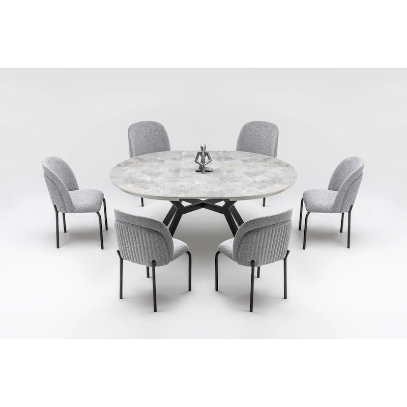 Table à manger ronde extensible 7 pièces et 6 chaises de salle à manger avec pieds en métal