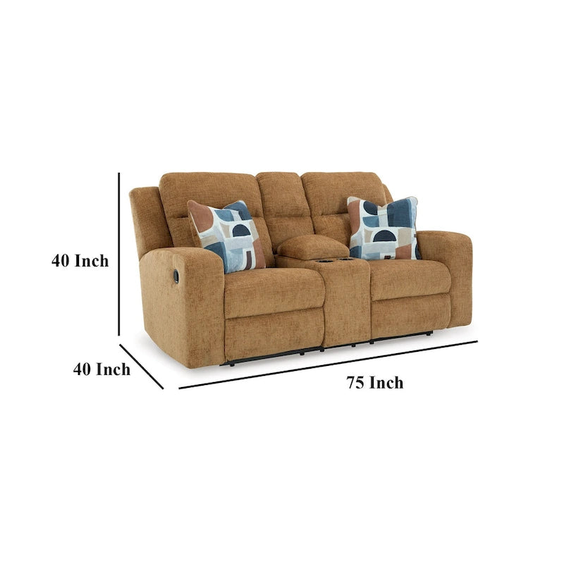 Causeuse double inclinable Damon, polyester marron clair, 2 coussins