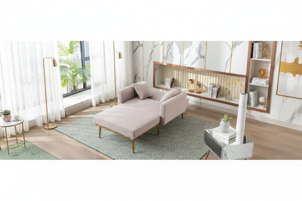 Fauteuil de canapé-lit de salon en tissu Teddy avec pieds or rose