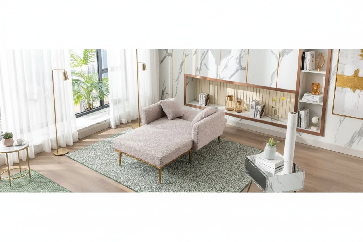 Fauteuil de canapé-lit de salon en tissu Teddy avec pieds or rose