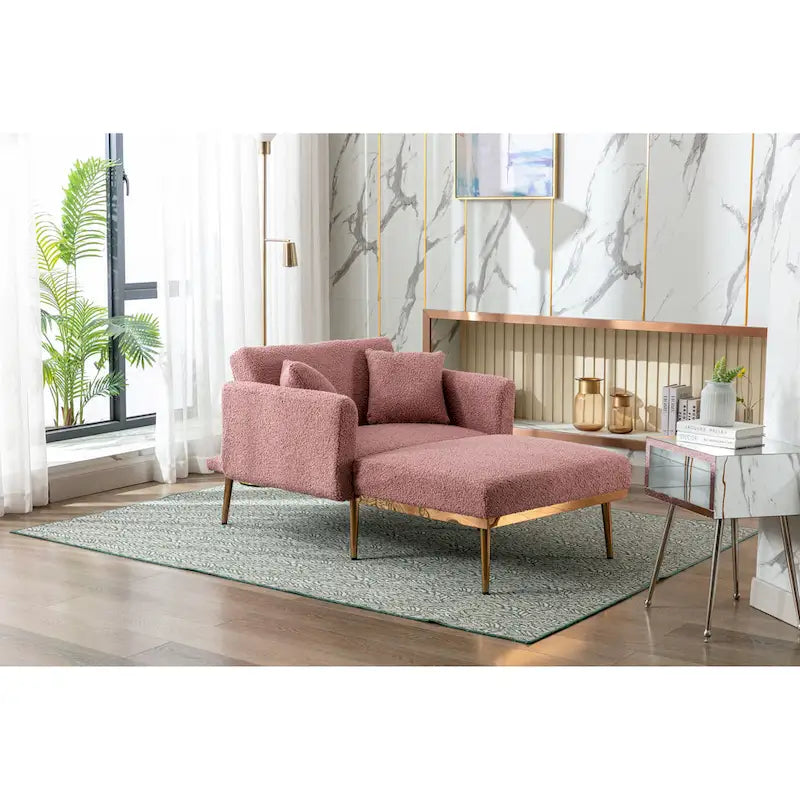 Fauteuil de canapé-lit de salon en tissu Teddy avec pieds or rose