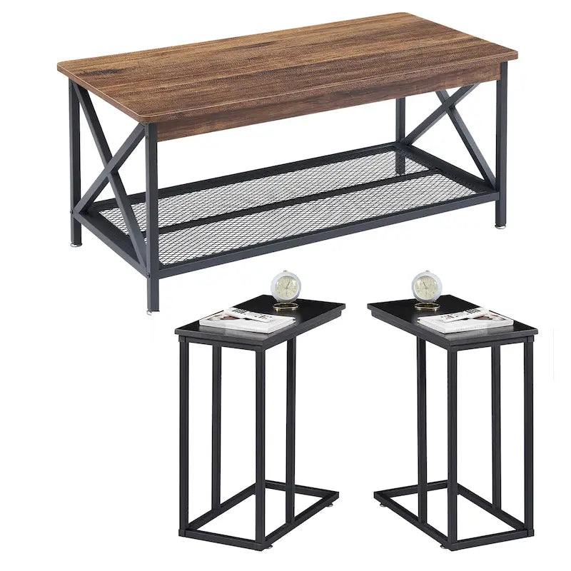 Table basse 3 pièces pour salon, table basse en bois et tables d'appoint en C