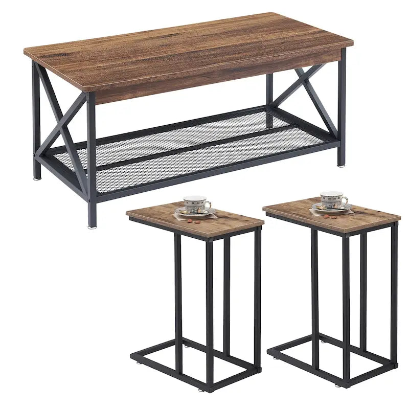 Table basse 3 pièces pour salon, table basse en bois et tables d'appoint en C