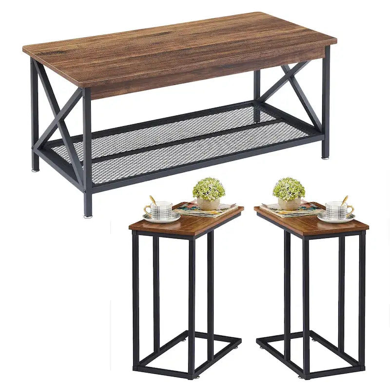 Table basse 3 pièces pour salon, table basse en bois et tables d'appoint en C