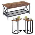 Table basse 3 pièces pour salon, table basse en bois et tables d'appoint en C