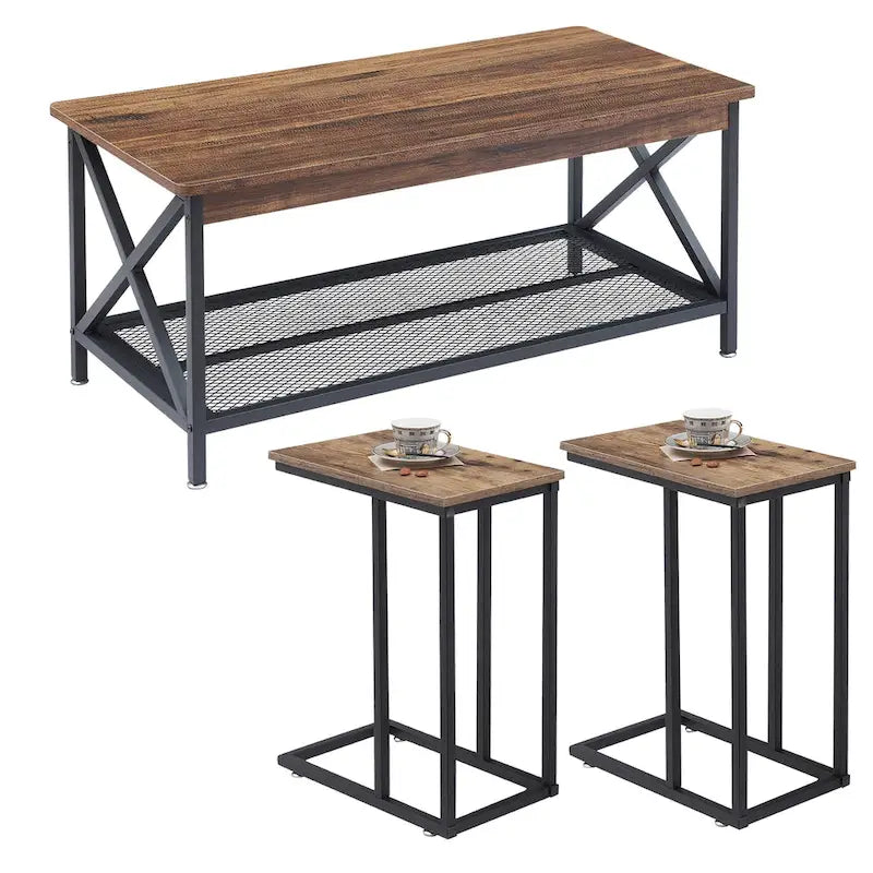 Table basse 3 pièces pour salon, table basse en bois et tables d'appoint en C