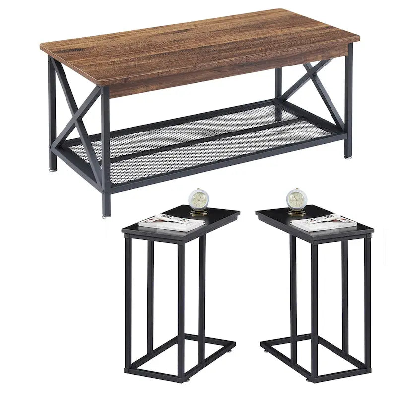 Table basse 3 pièces pour salon, table basse en bois et tables d'appoint en C