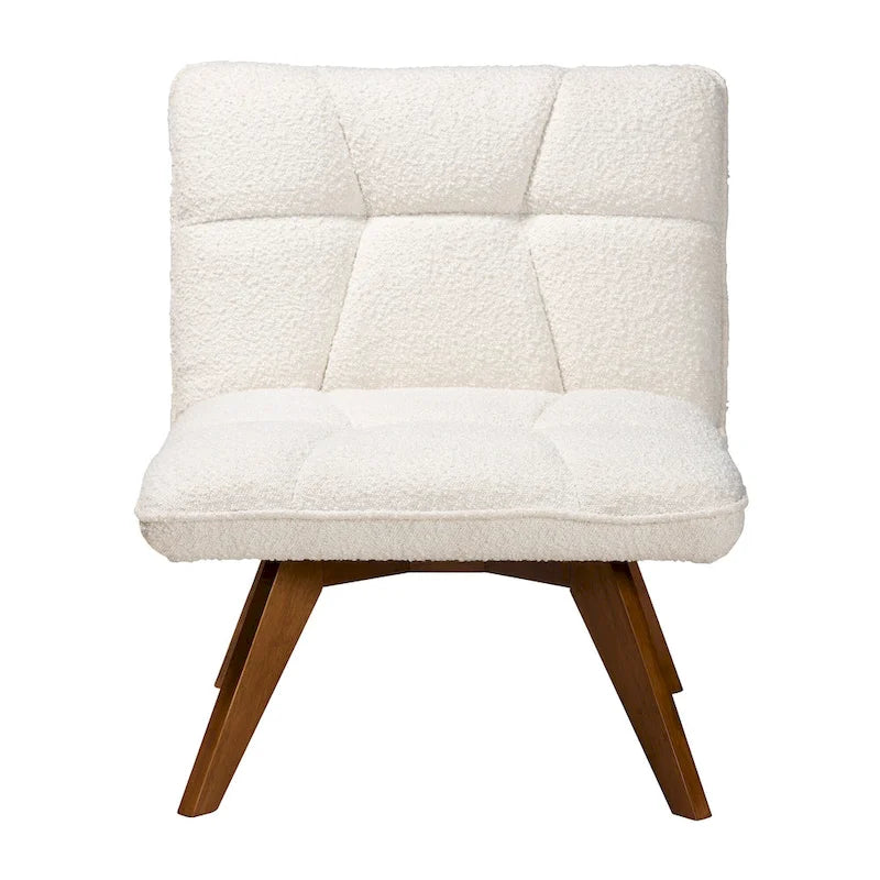 Fauteuil d'appoint Japandi en tissu bouclé crème et bois d'hévéa finition noyer