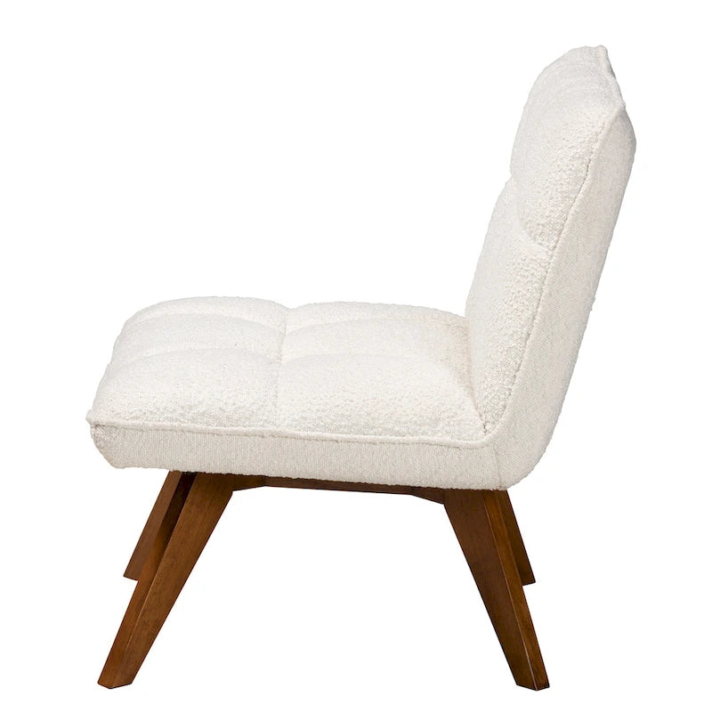 Fauteuil d'appoint Japandi en tissu bouclé crème et bois d'hévéa finition noyer