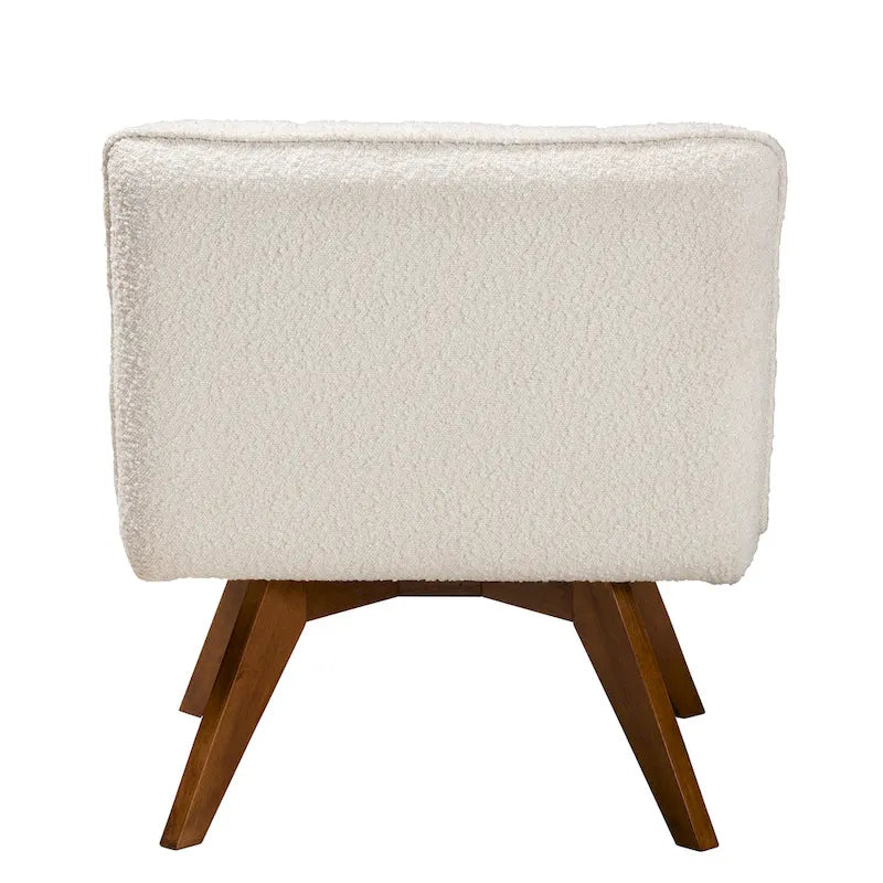 Fauteuil d'appoint Japandi en tissu bouclé crème et bois d'hévéa finition noyer