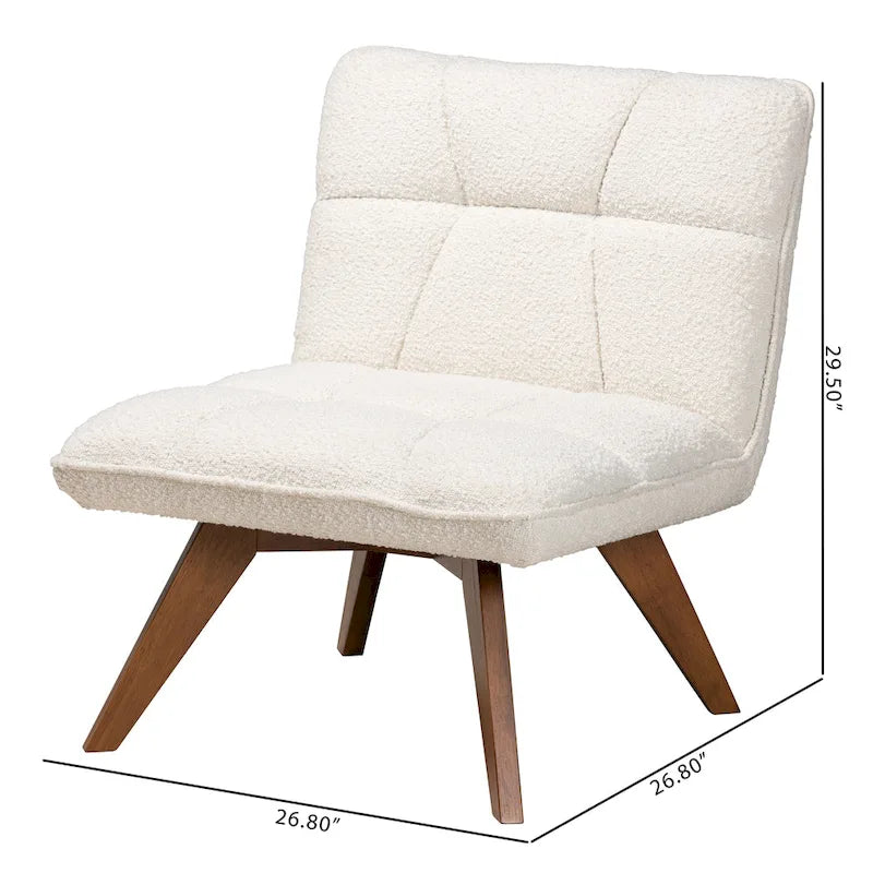Fauteuil d'appoint Japandi en tissu bouclé crème et bois d'hévéa finition noyer