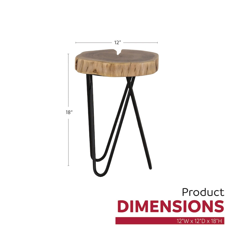 Table d'appoint ronde en bois d'acacia de 12 po avec pieds en métal noir