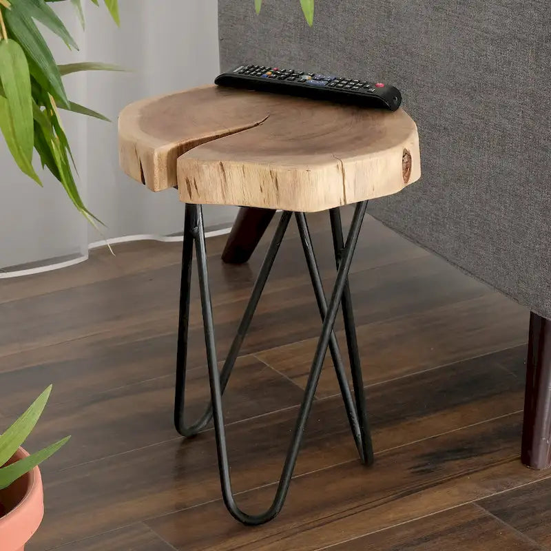 Colton 12 in. Round Acacia Wood Accent End Table with Black Metal Legs