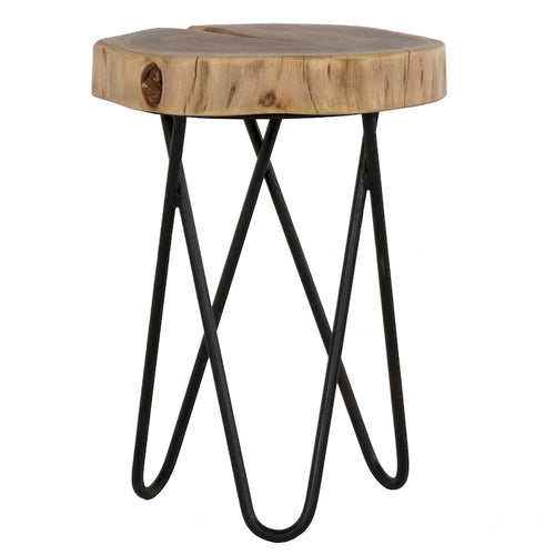 Table d'appoint ronde en bois d'acacia de 12 po avec pieds en métal noir