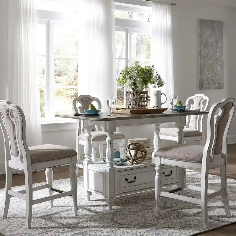 Table de rassemblement 5 pièces en écorce vieillie blanc antique