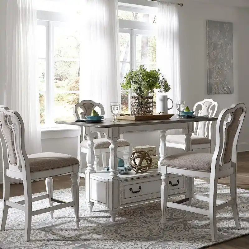 Table de rassemblement 5 pièces en écorce vieillie blanc antique