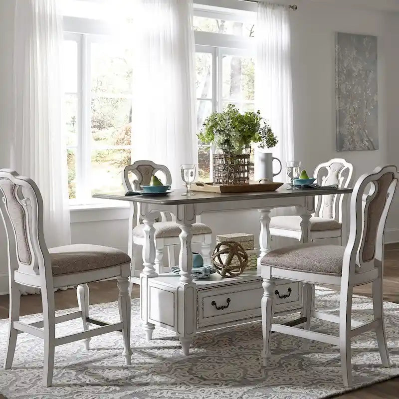 Table de rassemblement 5 pièces en écorce vieillie blanc antique