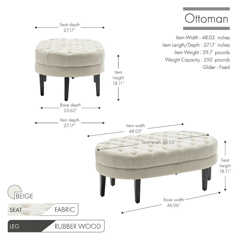 Pouf de cocktail ovale en tissu Itan avec pieds en bois d'hévéa