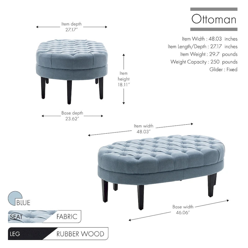 Pouf de cocktail ovale en tissu Itan avec pieds en bois d'hévéa