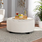 Pouf rond Athéna moderne et contemporain en bouclette ivoire et bois finition noire