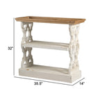 Table console 3 tiroirs de 35 pouces, en bois de sapin, panneaux sculptés, marron et blanc