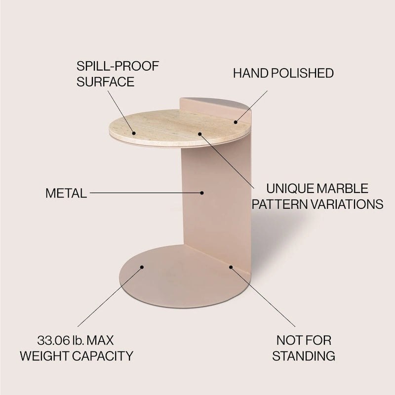 Table d'appoint en C Javier 20 en marbre naturel/métal, fabriquée à la main, contemporaine, beige/rose beige